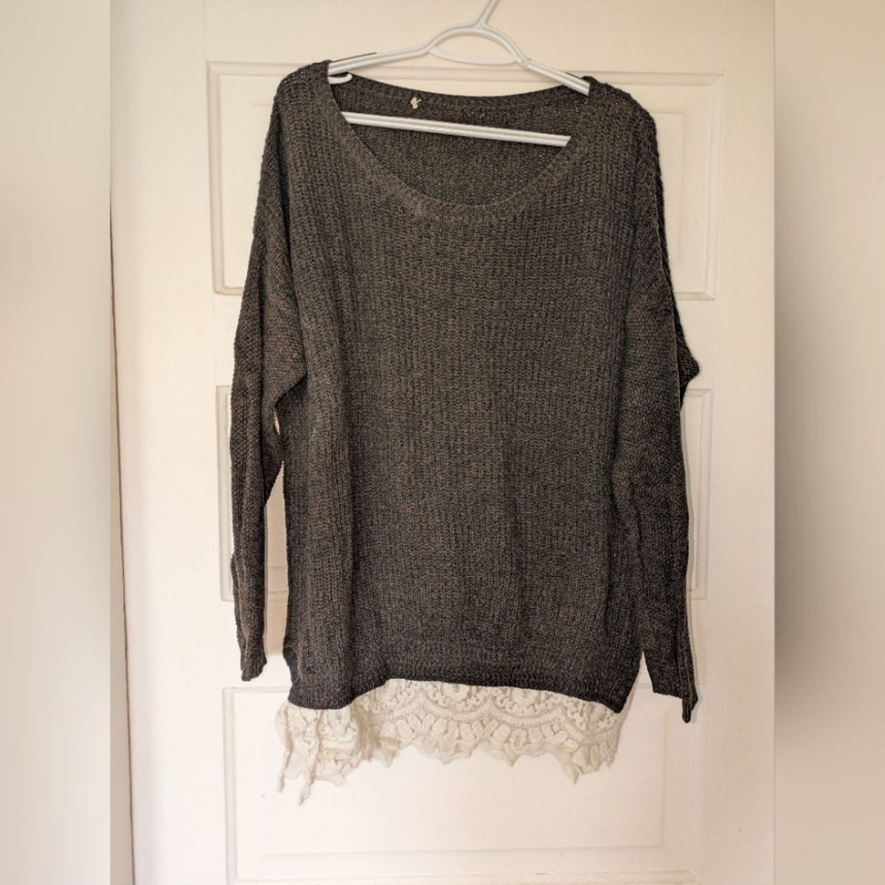 Dark Brown Oversize Knit Sweater With Boho Lace Hem